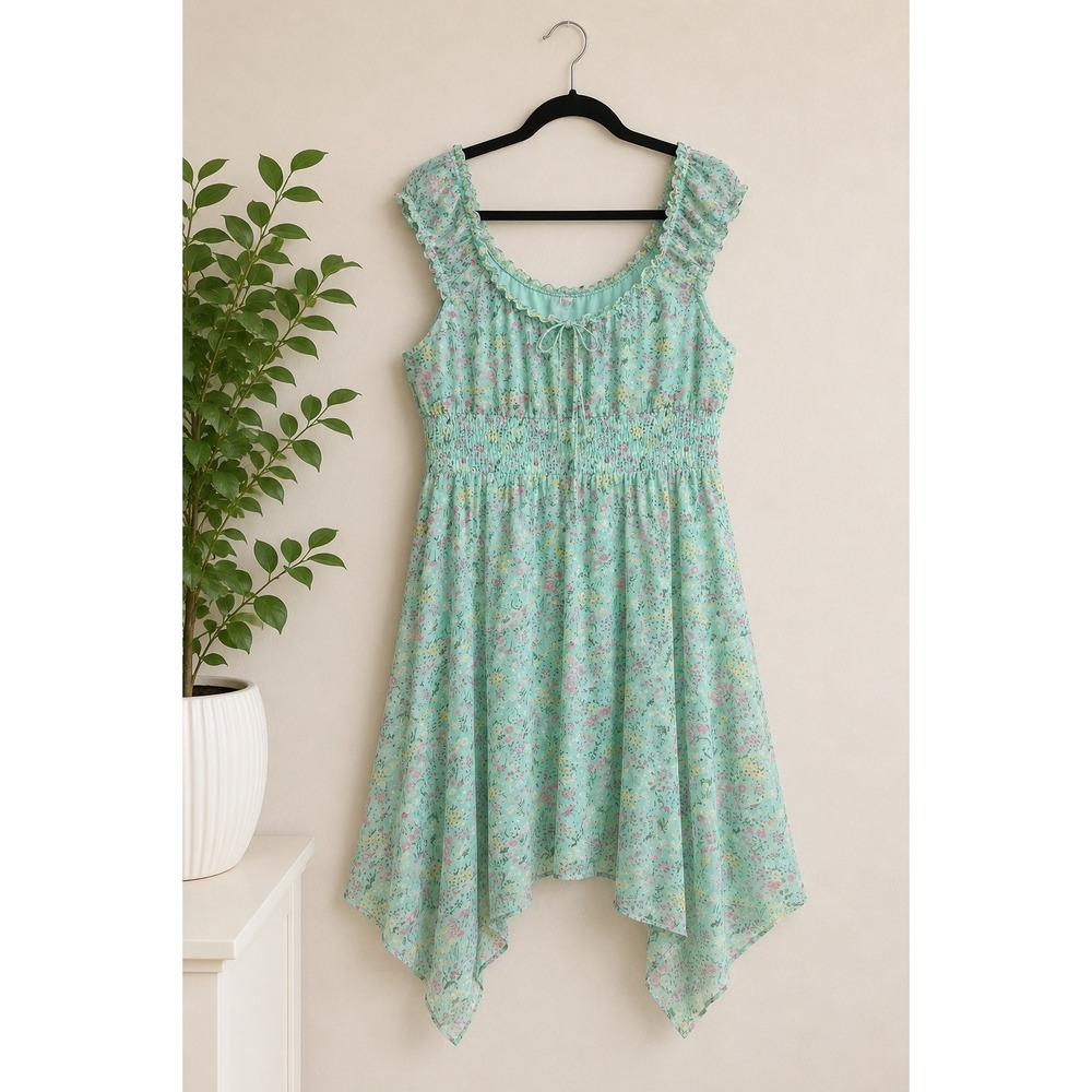 No Bo Mint Green Floral Peasant Dress Off Shoulder Hanky Hem Cottagecore Boho